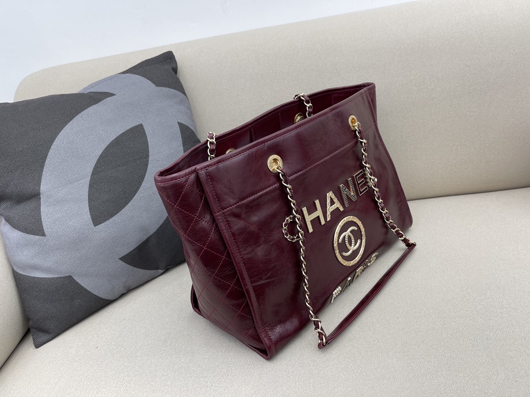 Calfskin Small Shopping Shoulder Bag Tote Bag AS3257 Burgundy 